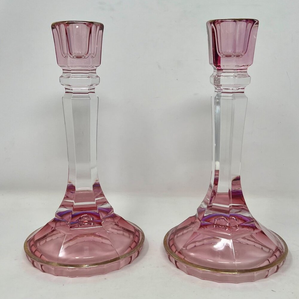 Candlesticks SC Line Amethyst Pink 24% Lead Crystal With Gold‎ Trim Italy 8.5"